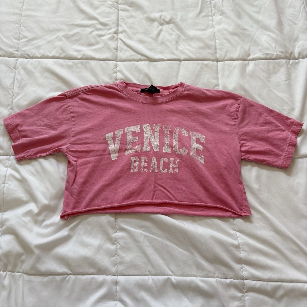 Venice Beach California T Shirt Tee Cropped Oversized Womens Small Pink Summer